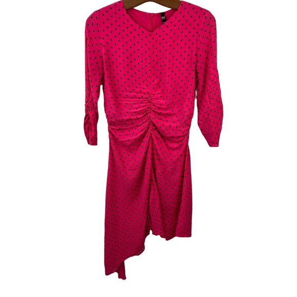 Zara Dress Size Medium Hot Pink Polka Dot Asymmetrical Dress Ruched 3/4 Sleeve - Picture 1 of 6